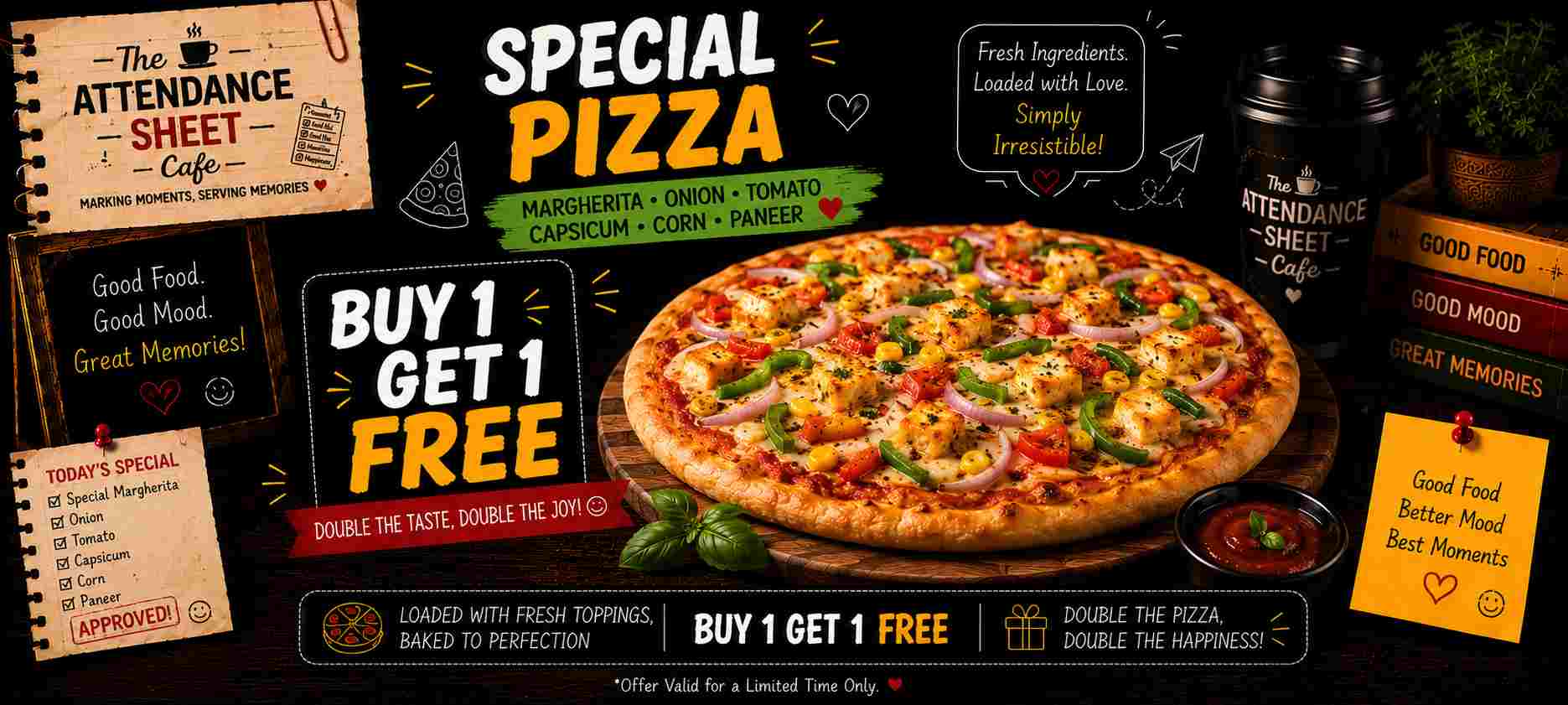 Special Margherita, Onion, Tomato,  capsicum, Corn, Paneer Pizza