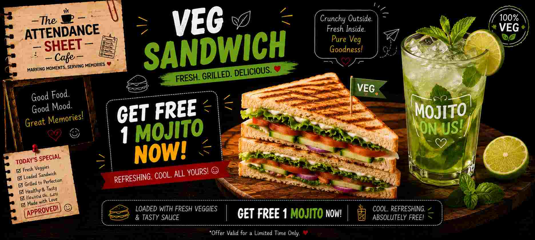 Veg Sandwich with 1 Mojito free