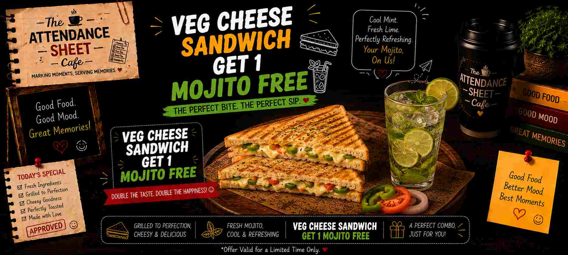 Veg Cheese Sandwich with 1 Mojito Free